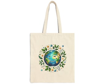 Eco-Friendly Canvas Tote Bag with Smiling Earth Design, Reusable Shopping Bag, Perfect for Earth Day, Gift for Nature Lovers, Sustainable