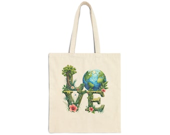 Eco-Friendly Cotton Canvas Tote Bag - Love Design, Reusable Grocery Bag, Earth Day Gift, Shopping Tote, Plant Lover Accessory