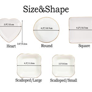 May include: A collection of white ceramic dishes in various shapes: heart (3.9"/10cm), round (4.2"/10.7cm), square (4.2"/10.7cm), scalloped large (4.3"/11.0cm), and scalloped small (3.3"/8.5cm). Each dish has a gold rim. The image includes the text "Size & Shape".