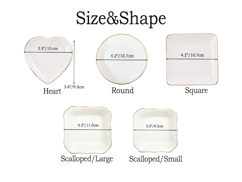 May include: A collection of white ceramic dishes in various shapes: heart (3.9"/10cm), round (4.2"/10.7cm), square (4.2"/10.7cm), scalloped large (4.3"/11.0cm), and scalloped small (3.3"/8.5cm). Each dish has a gold rim. The image includes the text "Size & Shape".