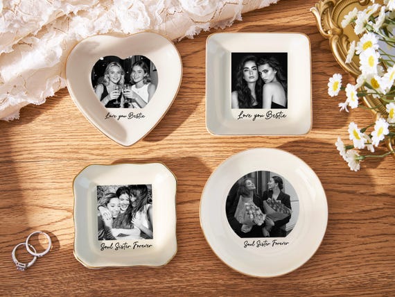 Personalized Bestie Photo Trinket Tray, Best Friend Gifts, Ceramic Jewelry Dish for Best Friend,Bestie Ring Dish, Photo Trinket Dish