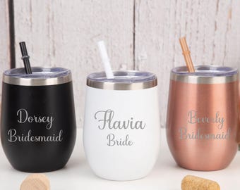 Vaso de vino sin tallo personalizado con pajita, regalo para damas de honor