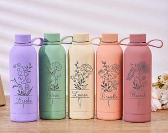 Personalized Birth Flower Tumbler, Engraved Stainless Steel Water Bottle