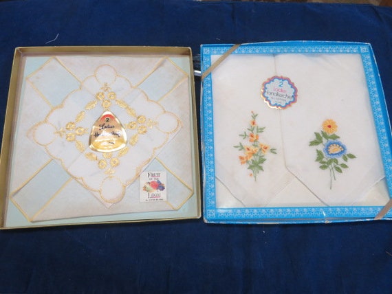 SPECIAL SALE 2 Sets Of Vintage Hankies In Original Boxes  Colored Flowers On One Set and Yellow On The Other Set Hanky Handkerchief LOT