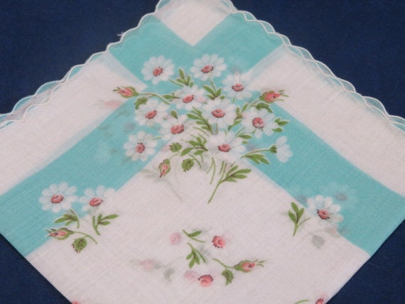 Vintage Hanky Teal Striped With Tiny Pink Rosebud… - image 2