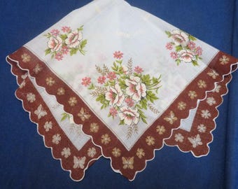 Vintage Hanky Ecru Roses Pink Daisies With A Chocolate Brown Border Butterflies and Flowers Scalloped Machine Edge Hankie Handkerchief