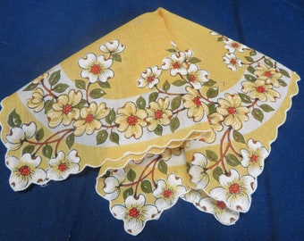 Vintage Hanky Yellow and White Dogwood Flowers On Bright Gold Background Scalloped Machine Edge Hankie Handkerchief