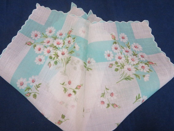 Vintage Hanky Teal Striped With Tiny Pink Rosebud… - image 1