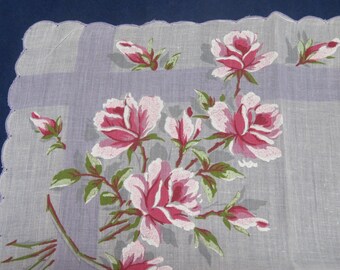 Vintage Hankie Pink Roses and Rosebuds With a Lavender Stripe going Around Border Scalloped Machine Edge Hanky Handkerchief
