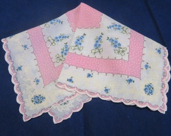 Vintage Hanky Pink and White With Blue Forget Me Not Flowers Scattered About Scalloped Edge Hankie Handkerchief