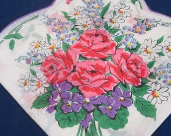 Vintage Hankies Big Bouquet On one Corner Pink Roses Purple Violets Blue Delphiniums and White Daisies Hand Rolled Edge Hanky Handkerchief