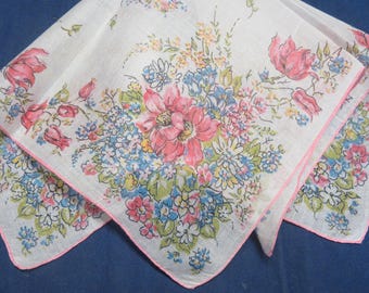 Vintage Hanky Spring Flowers Pink Blue White and Yellow Flowers nHand Sewn Edge Edge Hankie Handkerchief