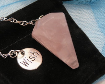 Rose Quartz Pendulum With Wish Charm and 1 Pouch Heart Chakra Crystal Tumbled Stone