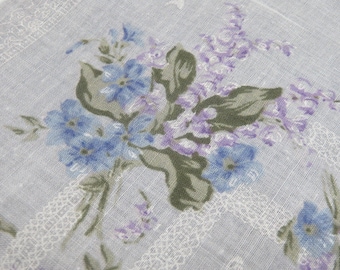Vintage Hanky Pastel Blue Background and Flowers With Lavender Lilacs Or Bell Flowers Machine Edge Hankie Handkerchief