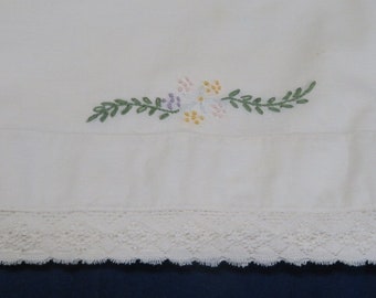 Vintage Pillow Case Beautifully Hand Embroidered With Soft Lace Edge VERY LONG