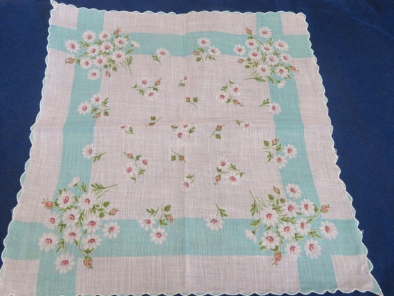 Vintage Hanky Teal Striped With Tiny Pink Rosebud… - image 3