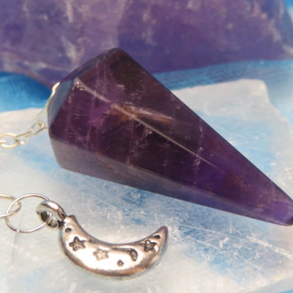 Amethyst Pendulum With Moon and Star Charm and 1 Pouch Healing Crystal Healing Stone Third Eye and Crown Chakra