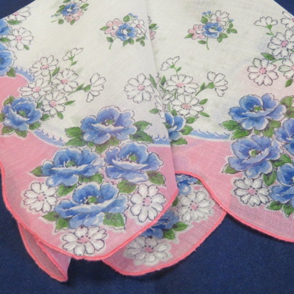 Vintage Hanky Blue Roses and White Daisies With A Pink Border Scalloped Machine Edge Hankie Handkerchief