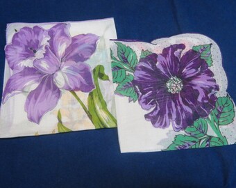 2 Vintage Hankies Large Purple Daffodil and Hibiscus Flowers Hand Rolled Edge Hankie Handkerchief