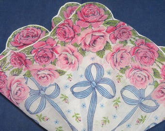 Vintage Hanky Shades Of Pink Roses Blue Ribbons With Rosebuds Scattered In Center Hand Sewn Edge Hankie Handkerchief