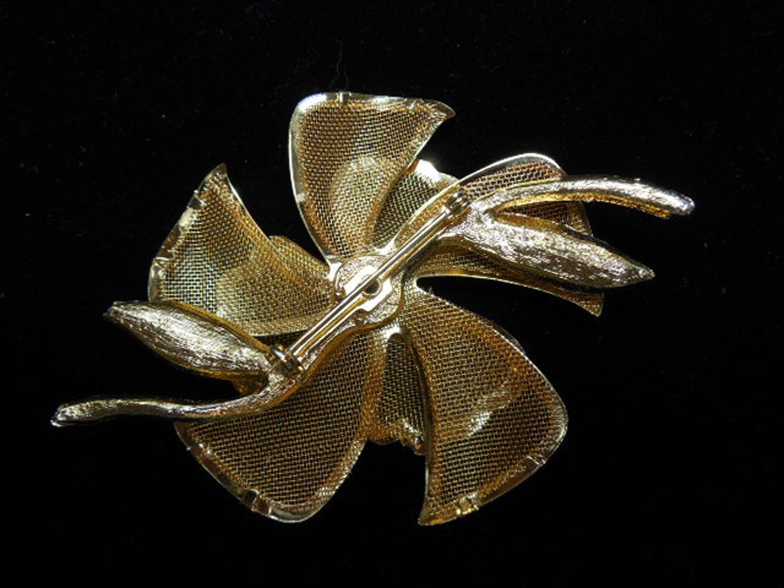 Vintage Large Brooch Gold Tone Filigree Flower With Large - Etsy