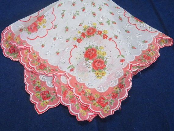 Large Vintage Hanky Red Roses and Rosebuds Yellow… - image 1