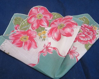 Vintage Hanky Teal With Pink Carnations Ribbon and Flowers Yellow and White Daisies Machine Edge Hankie Handkerchief
