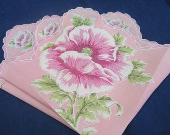 Vintage Hanky Pretty Pink With A Large Pinkish Flower On One Corner Lavender Border and Scalloped Machine Edge Hankie Handkerchief
