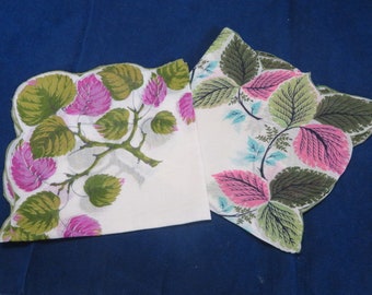 2 Vintage Hankies Bright Pink and Green Leaves Machine Edge Hankie Handkerchief