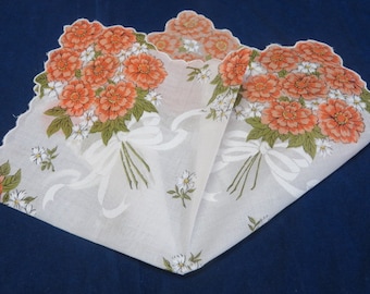 Vintage Hanky Orange Straw Flowers and White Daisy Bouquet Tied With A White Ribbon Scalloped Machine Edge Hankie Handkerchief