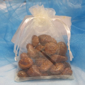 May include: A small, sheer white organza bag tied with a ribbon, filled with numerous brown, rounded objects. The bag is set against a light blue, textured background, creating a soft, natural aesthetic.