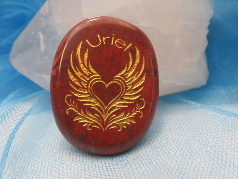 Archangel Uriel Palm Stone Explanation Card in A Blue Velvet Bag Red