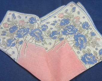 Vintage Hanky Bright Pink and Blue Tulips With Maroon Border Pink Center Hand Rolled Edge Handkerchief