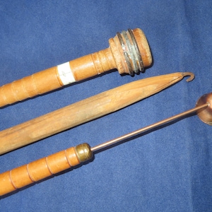 Vintage Antique Candle Snuffer Wood With Copper A Crochet Hook and Weaving Spool Wood Bobbins