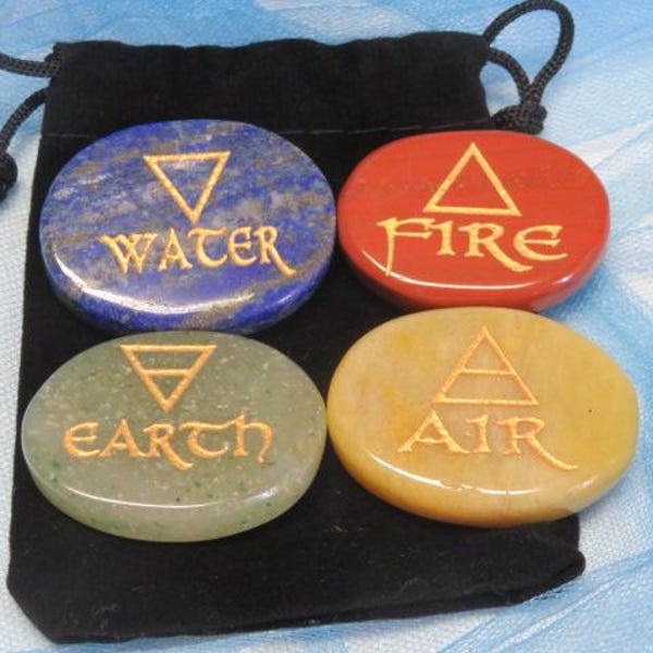 Element Symbols For Air Fire Water Earth 4 Tumbled and Crystal Stones in A Black Velvet Like Bag All Chakras Lot B