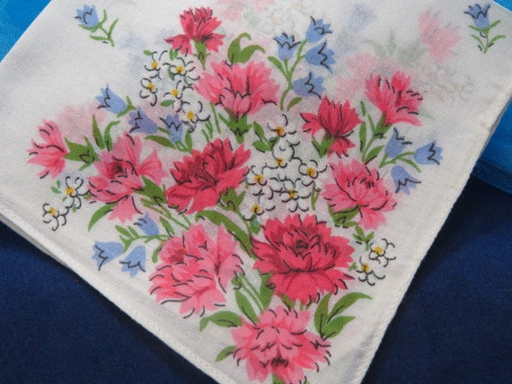 Vintage Blue Tulip and Yellow Leaf Handkerchief