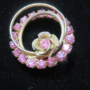 Vintage Pink Rhinestone Brooch Triple Circles with Rose Pin Costume Jewelry