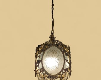 Louis XV Style Brass Pendant Light with Frosted Glass | Rococo Revival Ceiling Lamp | Ornate Vintage Chandelier | Mid-Century Lighting