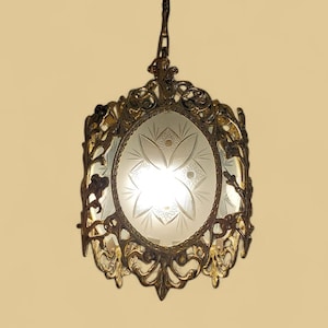 Louis XV Style Brass Pendant Light with Frosted Glass | Rococo Revival Ceiling Lamp | Ornate Vintage Chandelier | Mid-Century Lighting