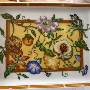 HERMES Tray La Siesta Island Plate Tableware Dish Yellow Floral Porcelain w/Case Rectangular, Plate, Dish, Tableware — 6" Rectangular Tray