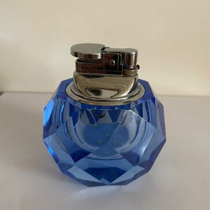 1970s Blue Crystal Table Lighter, Vintage Handcrafted Mechanical Tabletop Lighter, Mid Century Cigarette Cigar Gas Lighter, Collectible