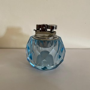 1970s Blue Crystal Table Lighter, Vintage Handcrafted Mechanical Tabletop Lighter, Mid Century Cigarette Cigar Gas Lighter, Collectible