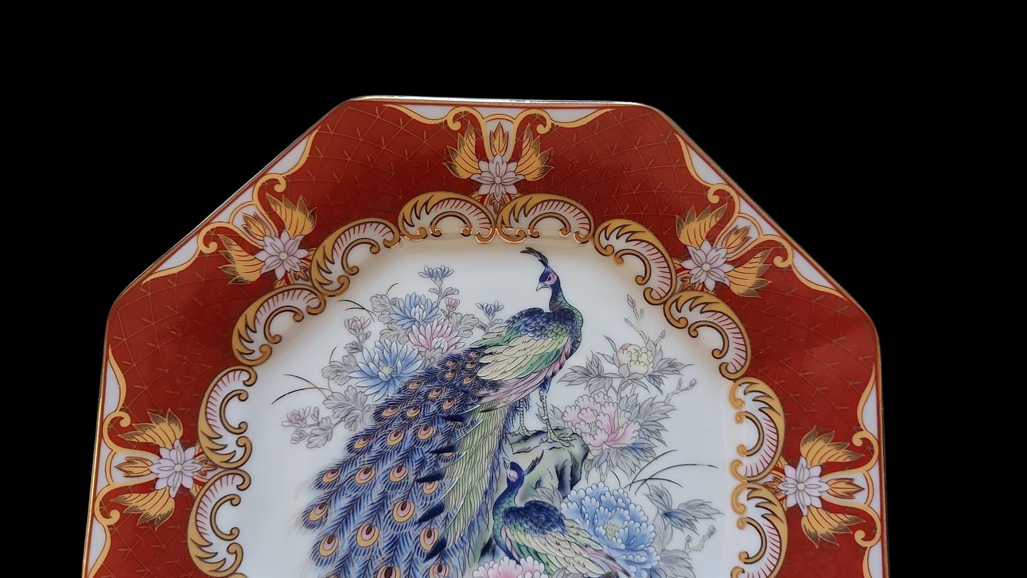 Vintage Tozan Japan Peacock Plate: Octagonal Porcelain, Red & Gold