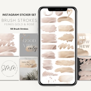 Könnte beinhalten: Ein Set mit 50 digitalen Pinselstrich-Aufklebern in Gold- und Roségoldfarben. Die Aufkleber sind perfekt, um deinen Instagram-Storys und -Posts einen Hauch von Eleganz zu verleihen. Der Text "INSTAGRAM STICKER SET" befindet sich oben im Bild. Der Text "BRUSH STROKES" befindet sich unter der ersten Textzeile. Der Text "FEINES GOLD & ROSÉ" befindet sich unter der zweiten Textzeile. Der Text "50 Brush Strokes" befindet sich unter der dritten Textzeile. Der Text "GOOD VIBES only" befindet sich in der Mitte des Bildes. Der Text "time for Vacay" befindet sich in der Mitte des Bildes. Der Text "NEW NEW NEW" befindet sich auf der rechten Seite des Bildes.
