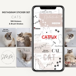 May include: A set of 100 cat-themed Instagram stickers and brush strokes. The stickers feature various cat-related phrases and images, including "cattitude", "cat mom", "catflix", "meow", "troublemaker", "kitten me", "pfotenliebe", "cattover", "kuschelzeit", "fellpflege", and paw prints. The stickers are designed in black and white with a pink and brown background.
