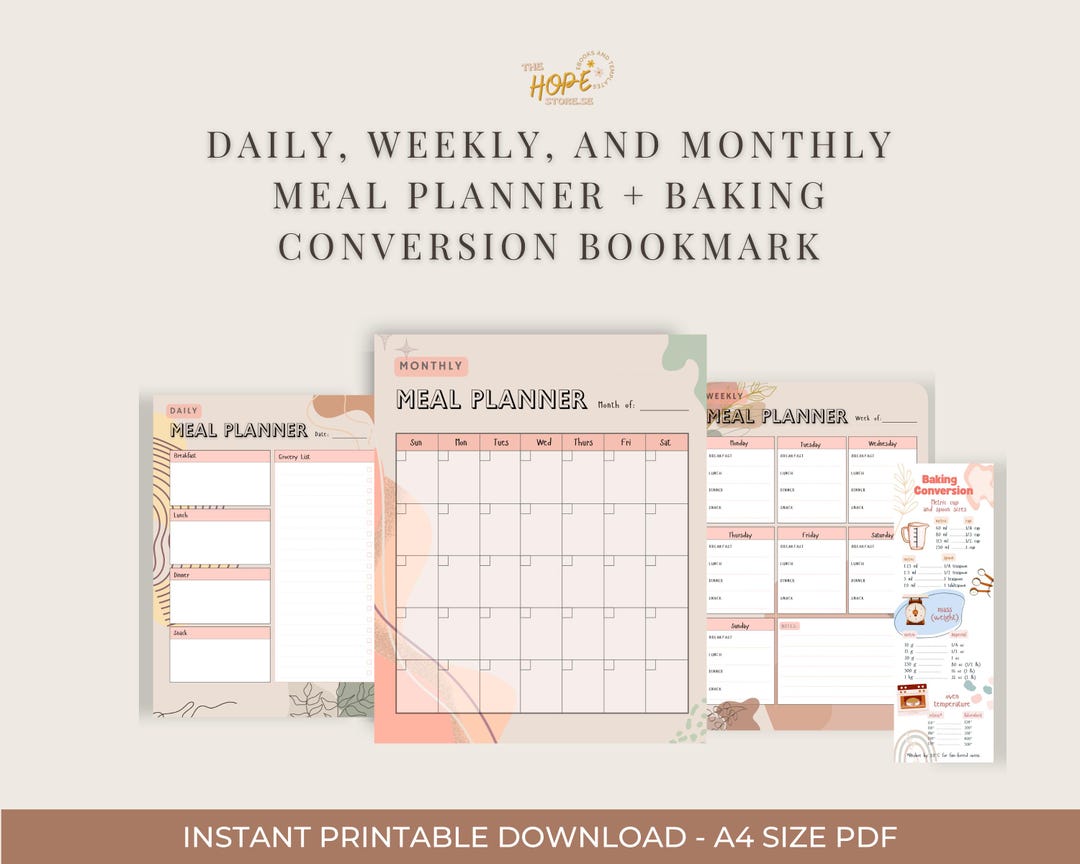 Daily, Weekly, and Monthly Meal Planner Bundle + Baking Conversion Bookmark| PDF Digital ...