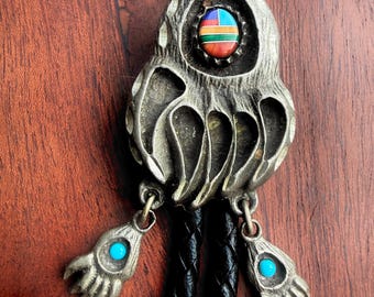 Corbata bolo vintage rara de cuero coral turquesa y plata esterlina Navajo de Roger Skeet