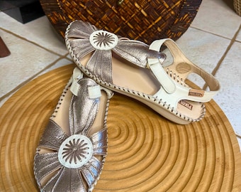 PIKOLINOS Vallarta Sandals Metallic Beige Silver light gold Leather Shoes Women's Size 39