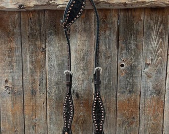 Dark oiled floral tooled with copper dots one ear headstall/ bridle