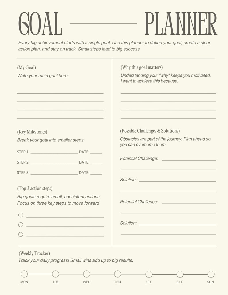 Minimalist Goal Planner Printable | Daily Weekly Goal Setting Template ...